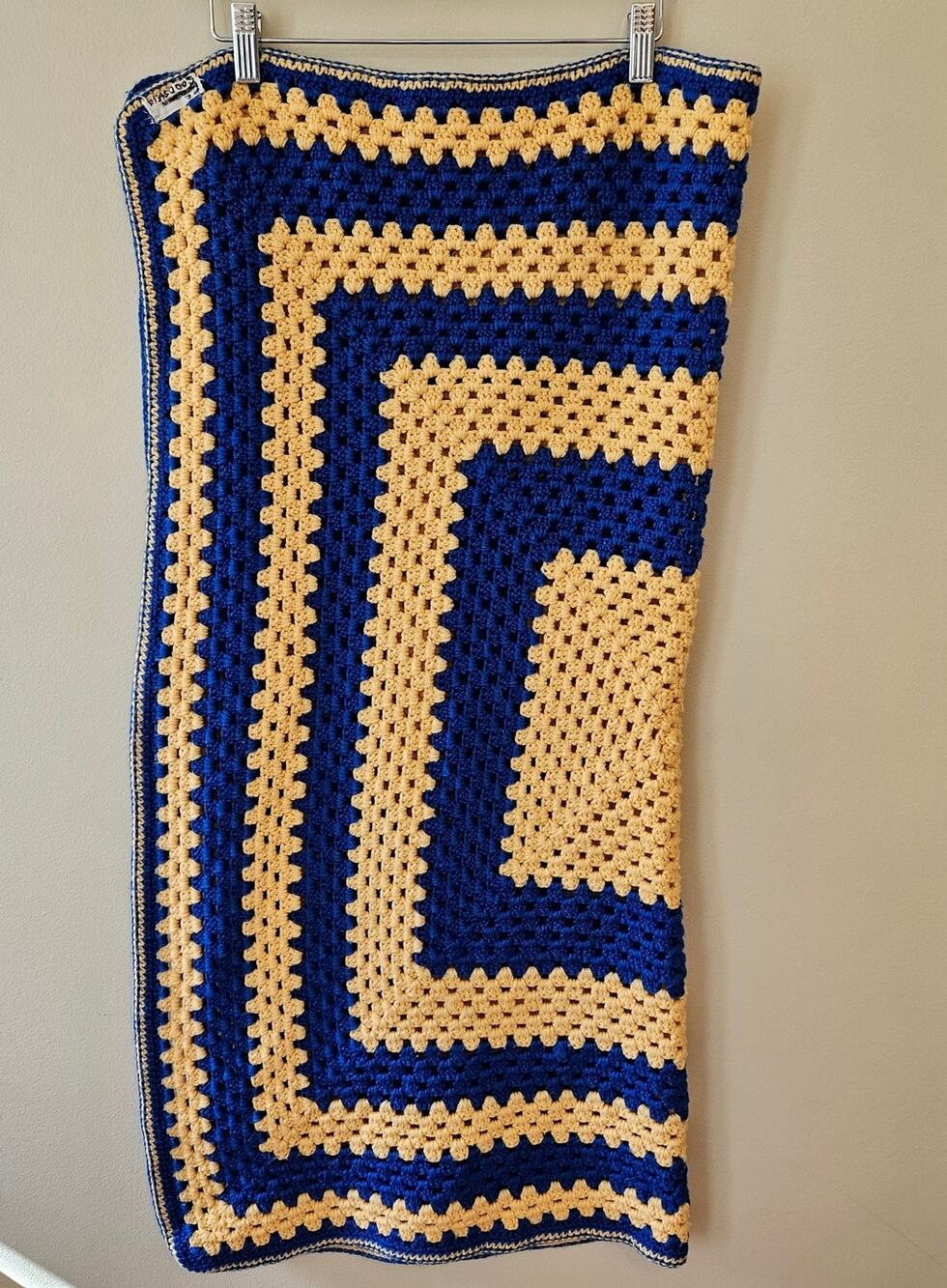 VTG Handmade 35" x 35" Crocheted Afghan Lap/ Baby Blanket/ Throw Blue Yellow